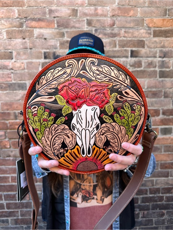 Myra Bag Handbags - Myra Bag Round Western Skull & Rose Tooled Leather Crossbody Bag